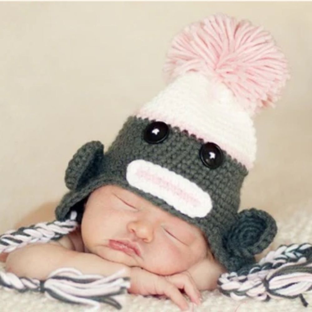 Daisy Baby Beanie Hat Sock Monkey Gray Pink Pom 12-24 months NEW